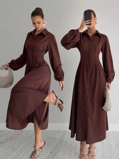 Siren Gaze 秋季女装冬季2025新款优雅棕色亚麻连衣裙，灯笼袖收腰衬衫裙，正式别致教师工作服，透气吸湿排汗派对休闲长裙，秋冬必备女装