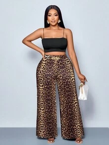 SOLERSUN 大码女式豹纹腰带装饰阔腿裤，四季皆宜，适合派对、音乐会、日常通勤、音乐节、浪漫约会、情人节、度假、返校季、春、夏、秋、冬等各种场合，百搭实用，也适合闺蜜购物、万圣节装扮、新年等场合，金属装饰 - 棕色 - 查看 3