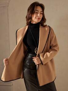 Wildy 女士休闲撞色人字纹长袖羊毛大衣配腰带秋冬女装 - 摩卡棕 - 查看 4