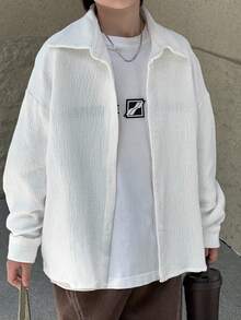 DAZY Tween Boys' Casual Loose Fit Solid Color Shirt, Autumn - White - View 2