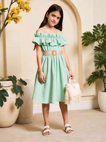 Vestido De Niña Preadolescente Con Hombros Descubiertos, Detalles De Volantes Y Cinturón - verde menta - Ver 3