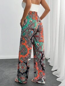 活力佩斯利印花波西米亚风裤子，松紧腰带，阔腿设计，轻盈飘逸的材质，全身东方图案，宽松版型，完美适合：沙滩装、节日装、夏季休闲装 - 彩色 - 查看 2