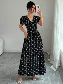 Elenzga Đầm dài tay bồng eo co giãn thanh lịch dành cho nữ mùa hè, đầm maxi. Dành cho mùa xuân/hè, trang phục dự tiệc cho nữ, trang phục thanh lịch, phù hợp để đi làm hàng ngày, lễ hội âm nhạc, trang phục ngày lễ - màu đen - Xem 4