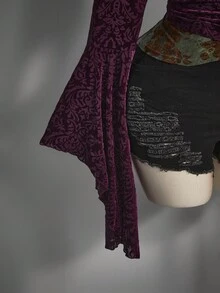 SHEIN ICON 大码女式夸张荷叶边袖 V 领天鹅绒上衣、Y2K 复古交叉 V 领衬衫、万圣节服装 - 彩色 - 查看 5