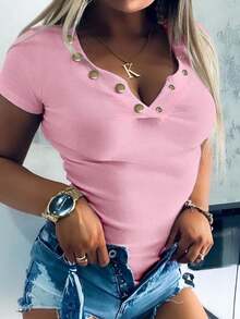 INAWLY 性感修身金属扣罗纹休闲短袖女式T恤