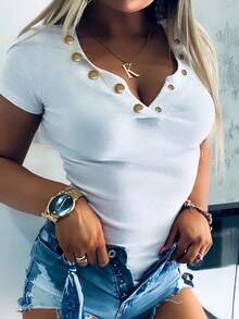 INAWLY 性感合身领口金属纽扣罗纹休闲短袖女式 T 恤 - 白色 - 查看 3