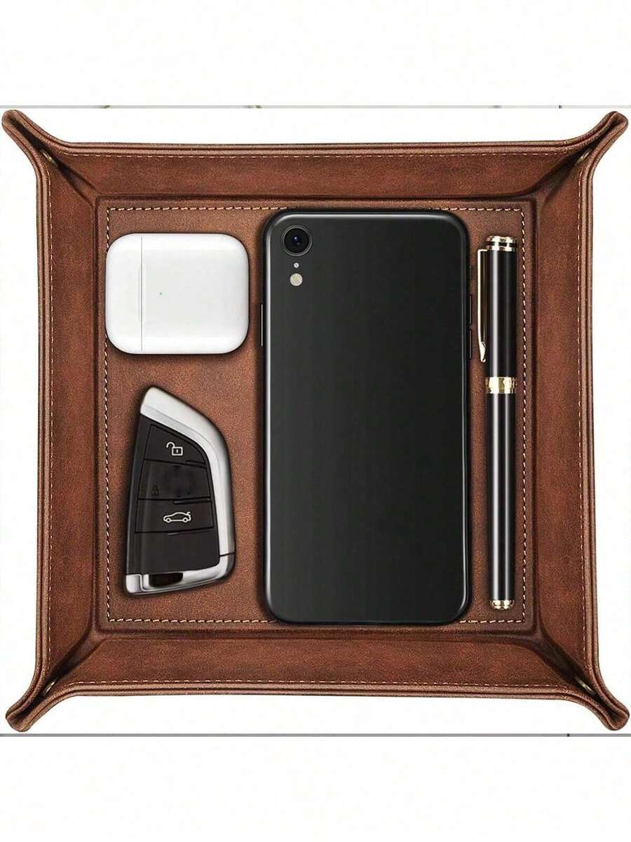 1pc Foldable Leather Desk Organizer Tray – PU Jewelry Box & Organiser For Keys, Remote, Rings, Earrings | Stylish Storage Box For Small Items, Accessories, And Home Decor Back To School - 彩色 - 查看 1