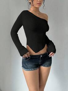 Flirla Áo len nữ tay dài cổ lệch dáng ôm gợi cảm, áo tay dài, áo chui đầu mùa thu đông - màu đen - Xem 4