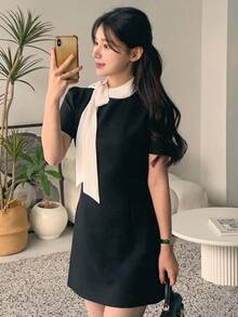 DAZY 女士立领蝴蝶结腰收腰短裙太阳裙、迷你裙、休闲女装 - 黑色 - 查看 4