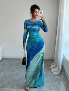 Rafferiza Đầm Maxi Cổ Tròn Tay Dài In Họa Tiết Ombre Cho Nữ - Nhiều màu - Xem 3