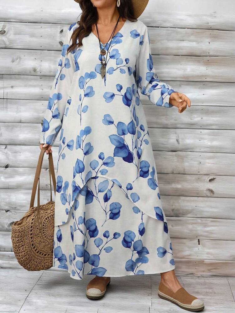 Plus Size V-Neck Long Sleeve Asymmetrical Hem Floral Print Loose Casual Dress Blue Flower Dress Floral Dress Fall Women Clothes Winter Clothes Fall Dresses For Women Country Outfits Women