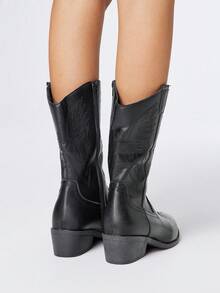 Styleloop Women's Black & Brown Western Boots, Slip-On Embroidered Riding Knee-High Boots, Low Heel Leather Motorcycle Boots, Women's Ankle Boots And Short Boots