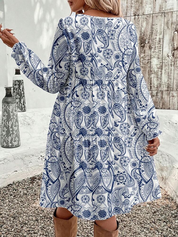 Women Multicolor Fabric Long Sleeve Knee Length Midi Dress With Paisley Print For Casual Wear