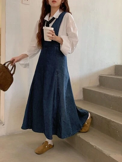 DAZY 女士V领长款吊带连衣裙，休闲优雅牛仔连衣裙