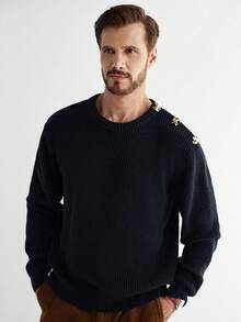 Manfinity CityGents Men's Casual Loose Fit Pullover Sweater With Metal Decor On Shoulders, Autumn