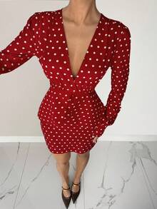 Siren Gaze Women's Vintage Polka Dot Fashionable Sexy Polka Dot Print Deep V-Neck Bodycon Mini Dress Christmas Winter New Year Party Red - Red - View 1