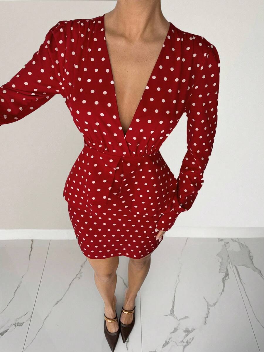 Siren Gaze Women's Vintage Polka Dot Fashionable Sexy Polka Dot Print Deep V-Neck Bodycon Mini Dress Christmas Winter New Year Party Red - Red - View 1