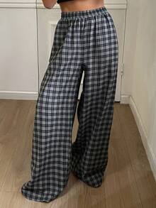 DAZY 女士宽松休闲格子直筒裤，适合商务通勤，简约时尚，秋冬 - 黑色 - 查看 2