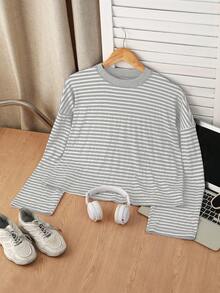 INAWLY 女士休闲条纹圆领落肩长袖T恤，简约时尚 - 淺灰色 - 查看 3