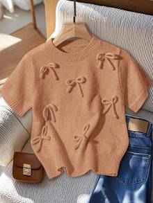 GlowEve Áo len tay ngắn họa tiết nơ đơn giản dễ thương dành cho nữ, mùa thu - Màu vàng - Xem 1