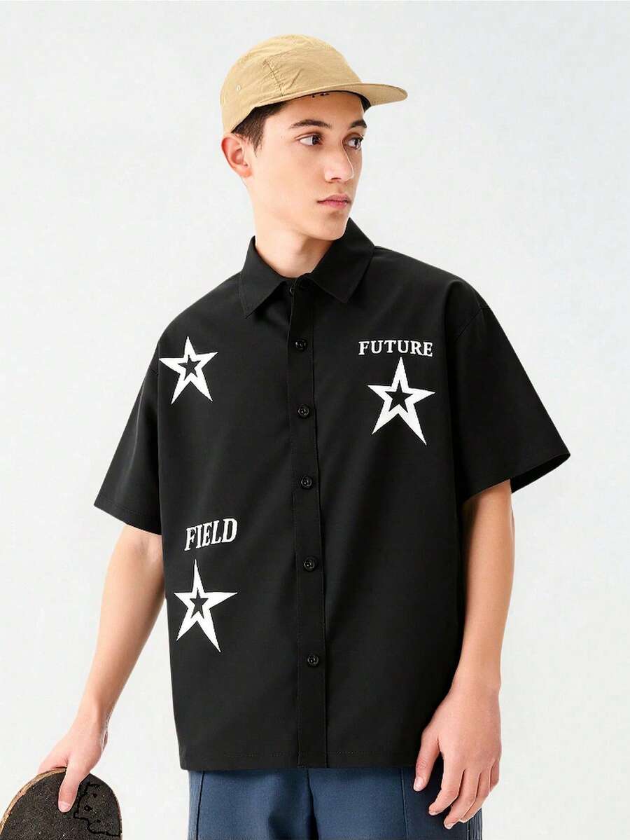 SHEIN 青少年（男孩）星形印花休闲衬衫 - 黑色 - 查看 1