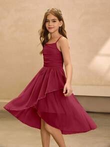 Vestido Midi Elegante e Luxuoso de Alça Fina e Ombro Caído Rosa para Meninas Pré-Adolescentes, Adequado para Festa, Banquete, Evento da Noite, Aniversário, Apresentação, Casamento, Dama de Honra, Baile de Formatura, Férias - Vinho - Visão 4