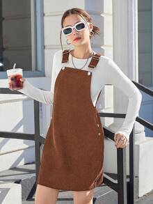 SHEIN 少女纯色灯芯绒口袋休闲吊带连衣裙女童工装裤灯芯绒工装裤棕色背带裙棕色工装裤女童休闲连衣裙工装裤女童秋冬 - 棕色 - 查看 7