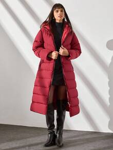 CLARA VERO Abrigo de mujer, largo, burdeos, manga larga, con cinturón - Burdeos - Ver 3