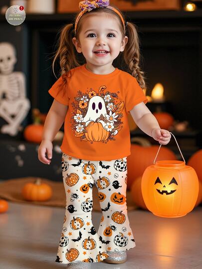 万圣节女婴休闲可爱搞笑南瓜、鬼魂、蝴蝶结、蝙蝠图案短袖圆领和裤子套装，南瓜色，适合春夏季