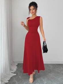 Elenzga 全新不对称领口金属装饰腰部褶饰度假休闲优雅女式连衣裙 - 紅色 - 查看 4
