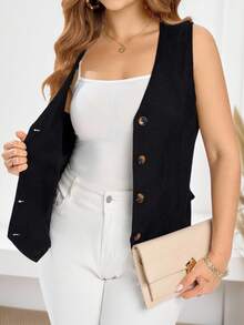 EMERY ROSE Áo vest blazer đơn hàng thường ngày cho nữ mùa hè cỡ lớn - màu đen - Xem 6