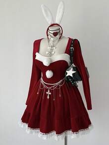 Sunspun 大码连衣裙大码女装秋冬方领甜心领长袖收腰 A 字型蕾丝撞色红白绒球优雅复古可爱角色扮演兔女郎兔子万圣节趣味天鹅绒红色及膝连衣裙角色扮演、圣诞连衣裙 - 紅色 - 查看 3