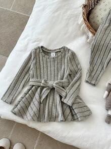 LMoss Kids LMoss 2pcs Baby Girl Knit Set Solid Color Crew Neck T-Shirt And Leggings Grey Autumn Casual Outfit,Matching Family Winter Clothes For Fall Ensemble - Apricot - View 5