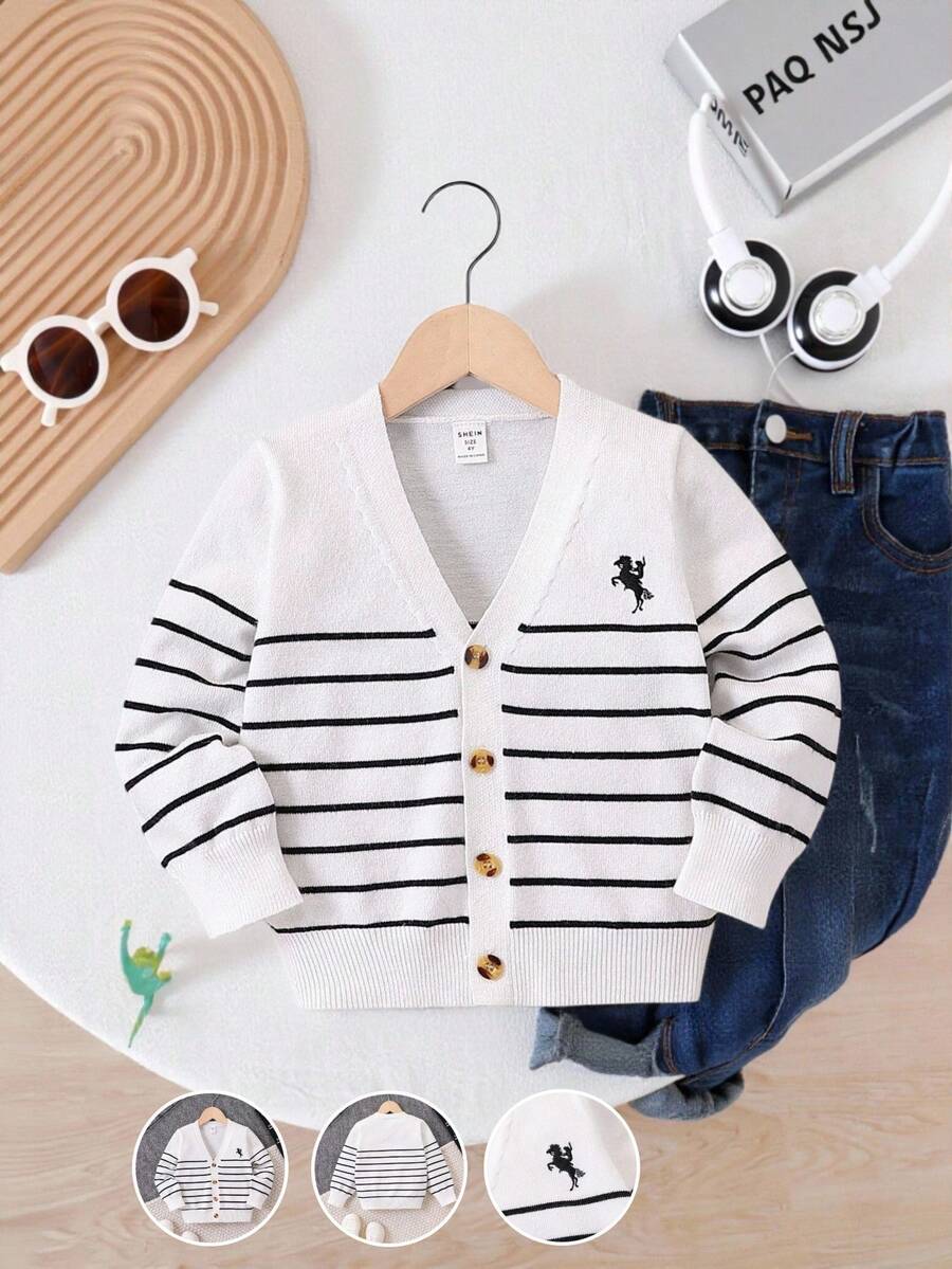 SHEIN Toddler Boys' V-Neck Striped Cardigan, Black & White, Embroidered, Soft Polar Fleece Fabric, Suitable For Casual Wear, Autumn/Winter & Spring Fall - Black and White - View 1