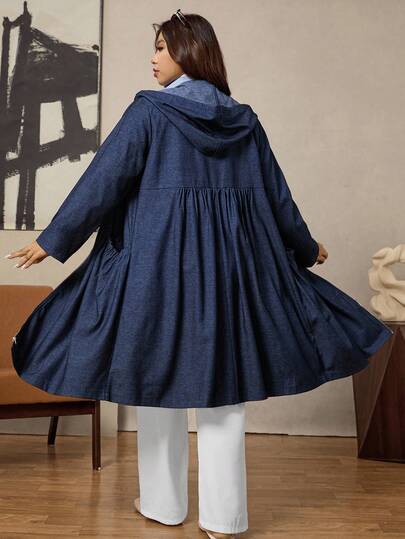 Zelara Plus Size Women's Autumn And Winter Denim Blue Hooded Plus Size Women Costume Women's Autumn And Winter Coat Mid-Length Waist-Cinching Coat