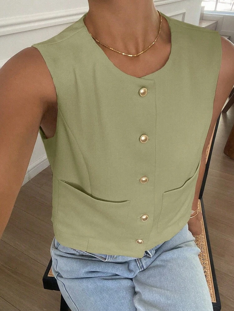 Solid Color Round Neck Sleeveless Fitted Women Jacket Y2k,Fall Clothes