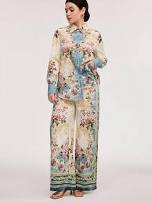 Veilorie 2pcs/Set Women Floral Print Long Sleeve Button Up Shirt And Wide Leg Pants Vacation Set 2 Pieces Set - Blue - View 6
