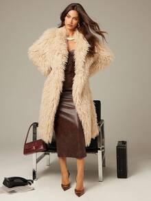 Silquee High-End Series New Autumn And Winter Fashion Fluffy Brown Fur Long Curly Mid-Length Coat, Elegant Women's Furry Parka, Women's Fashion Street Style Slanted Pocket Collar Metal Button Front Faux Fur Jacket, Winter Fur Coat With Lining