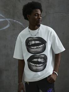 Manfinity ZONE917 男士白色街头风格T恤短袖上衣，黑白嘴巴图案，适合夏季，有趣，适合外出 - 白色 - 查看 8