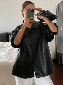 Livesso 女士宽松休闲加厚商务休闲夹克，秋冬新款皮夹克女式外套 - 黑色 - 查看 3