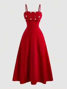 少女珍珠装饰腰部收紧优雅吊带背心连衣裙 - 紅色 - 查看 7
