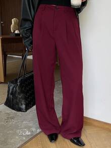 DAZY 女式条纹商务休闲常规裤秋季 - 酒紅色 - 查看 5