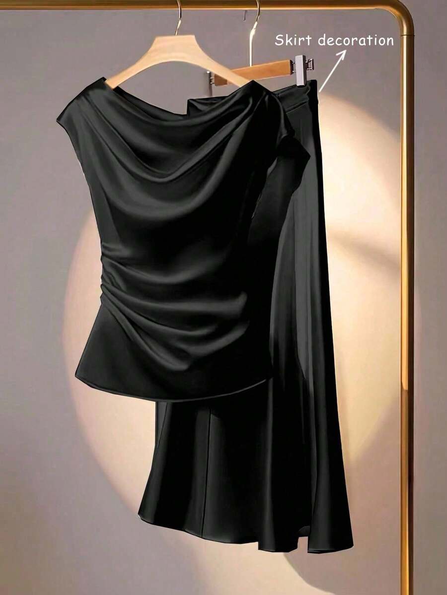 SHEIN Clasi 女式夏季优雅纯色荷叶边不对称领褶皱腰衬衫上衣 - 黑色 - 查看 1