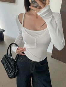 DAZY 女式纯色纽扣前长袖修身休闲 T 恤，秋季，返校服装学院风上衣，秋季女装 - 白色 - 查看 6