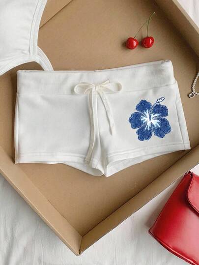 Comfortcana Casual Minimalist Faux Applique Print Pattern Black Drawstring Slim Fit Shorts