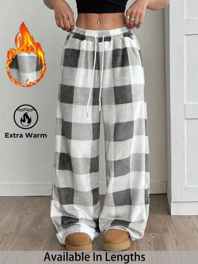 SHEIN PETITE CURVE Plus Size Women's Casual Front Tie Plaid Pocket Trousers/Winter Thermal Plaid Pants Plaid Pants Women Checkered Pants Women Wide Leg Pants Palazzo Pants Women