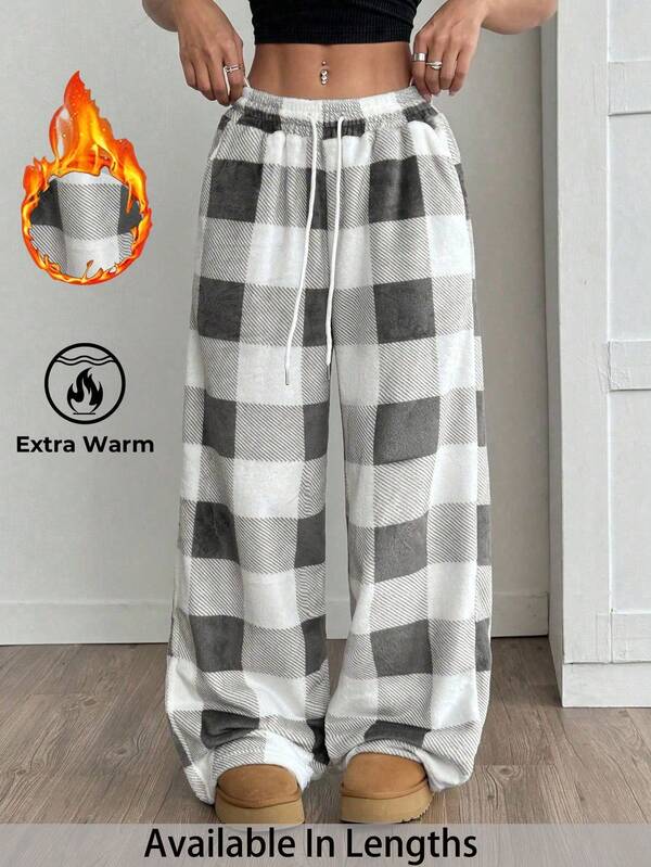 SHEIN PETITE CURVE Plus Size Women's Casual Front Tie Plaid Pocket Trousers/Winter Thermal Plaid Pants Plaid Pants Women Checkered Pants Women Wide Leg Pants Palazzo Pants Women