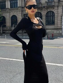 DAZY Women's Autumn Halter Neck Fitted Hollow Out Long Dress Maxi Dress - Black - View 5