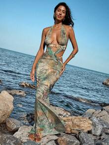 Opulessa 女士热带植物印花镂空腰性感沙滩裙 - 彩色 - 查看 7