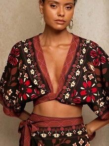 Travachic Women's Deep V-Neck Twist Back Tie Shirt And Floral Print Shorts Two Pieces Set, Vacation Style , Autumn Winter Clothes For Women,  Christmas Outfit For Women,  Going Out Outfit, New Year Look, Thanksgiving Outfits, Black Elegant Sets, Festival Two Piece Outfit, Boho Two Piece Set, - Multicolor - View 5